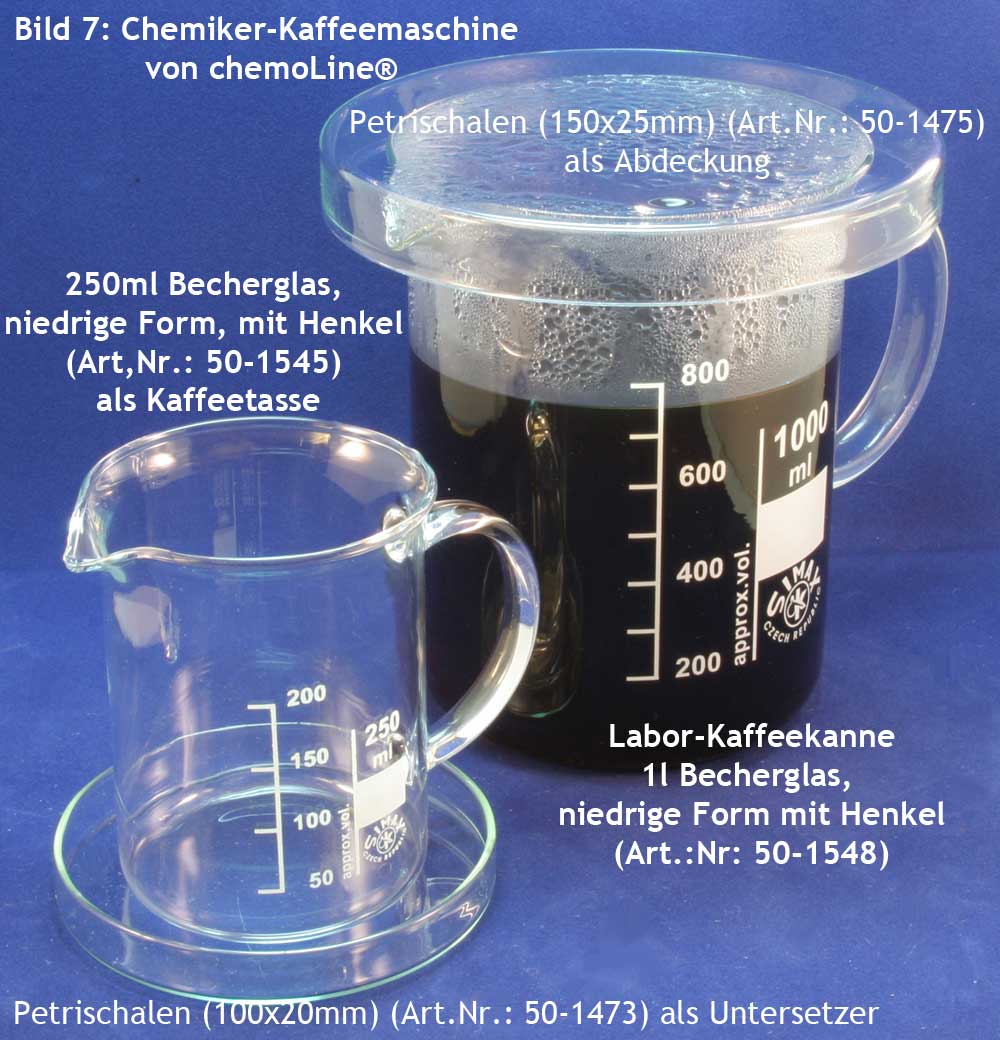 Chemiker-Kaffemaschine 7, Henkel-Bechergläser, Petrischalen