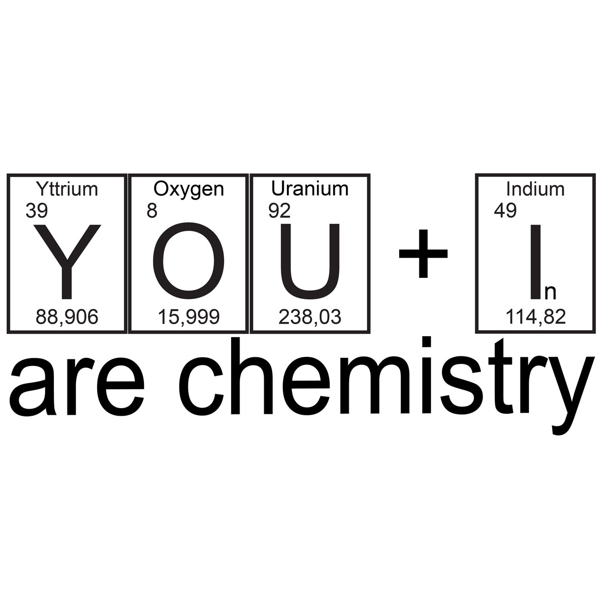 Chemiestudenten-Tasche -You + I are chemisty black print- der Jutebeutel mit einer typischen,chemischen Liebeserklärung 