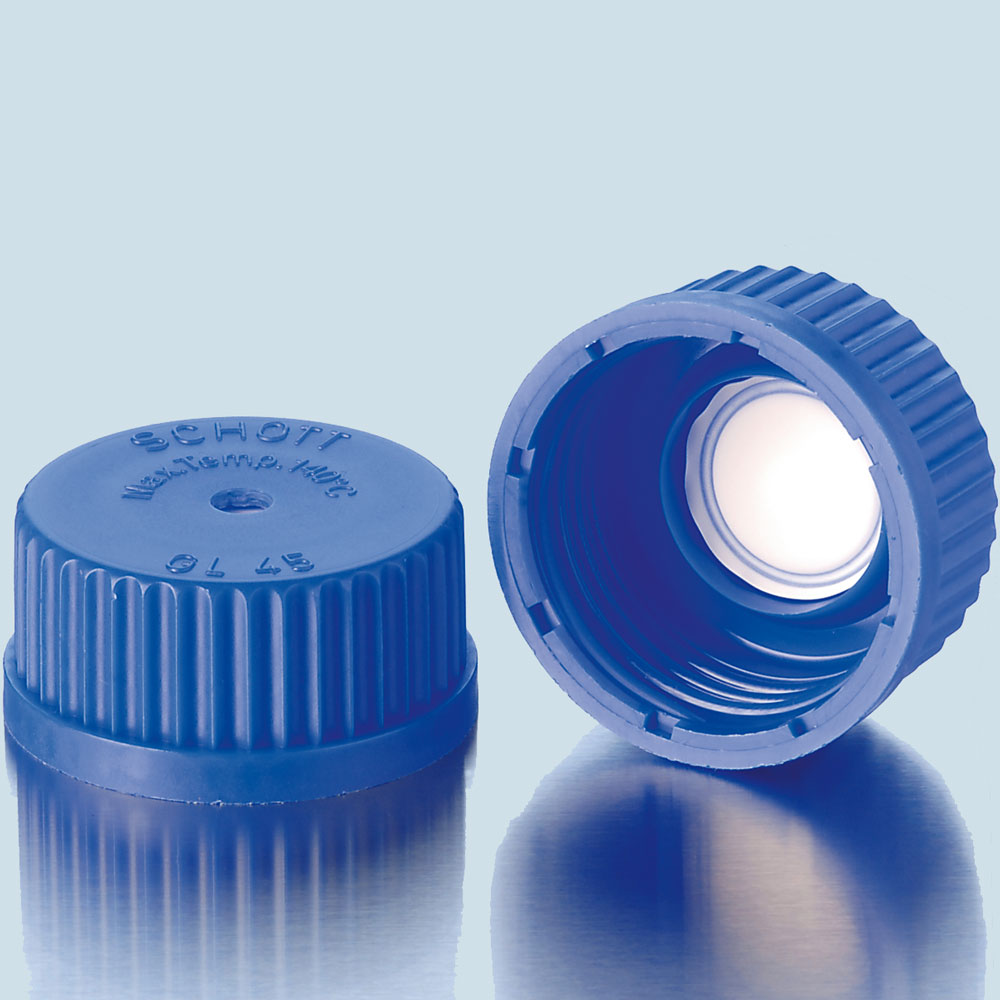 Schraubverschlüsse aus PP-Kunststoff, Blau, mit eingeschweißter PTFE-Membran für Druckausgleich für alle GL 45, GL 32 und GL 25 Gewinde
