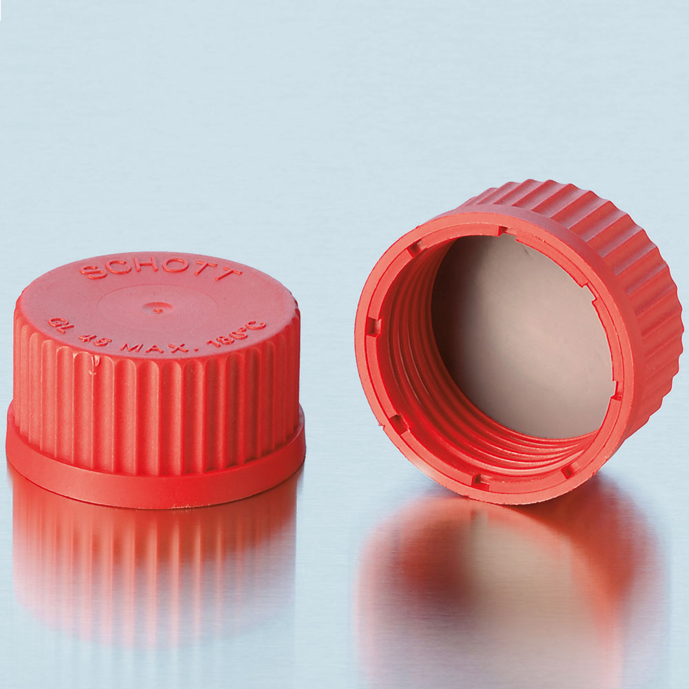 Schraubkappen PBT rot für GL-Gewinde mit PTFE_Silikon-Dichtung geschlossen  bis 180°C