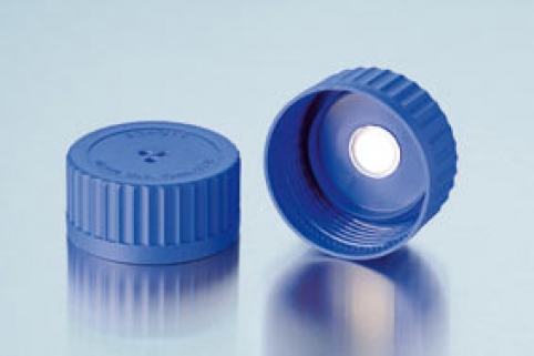 Membran-Verschluss aus PP, blau,  für DURAN® GLS 80® Laborflaschen (Klarglas oder Braunglas)  mit eingeschweißtem 0,2mm-PTFE-Membranfilter für Druckausgleich.