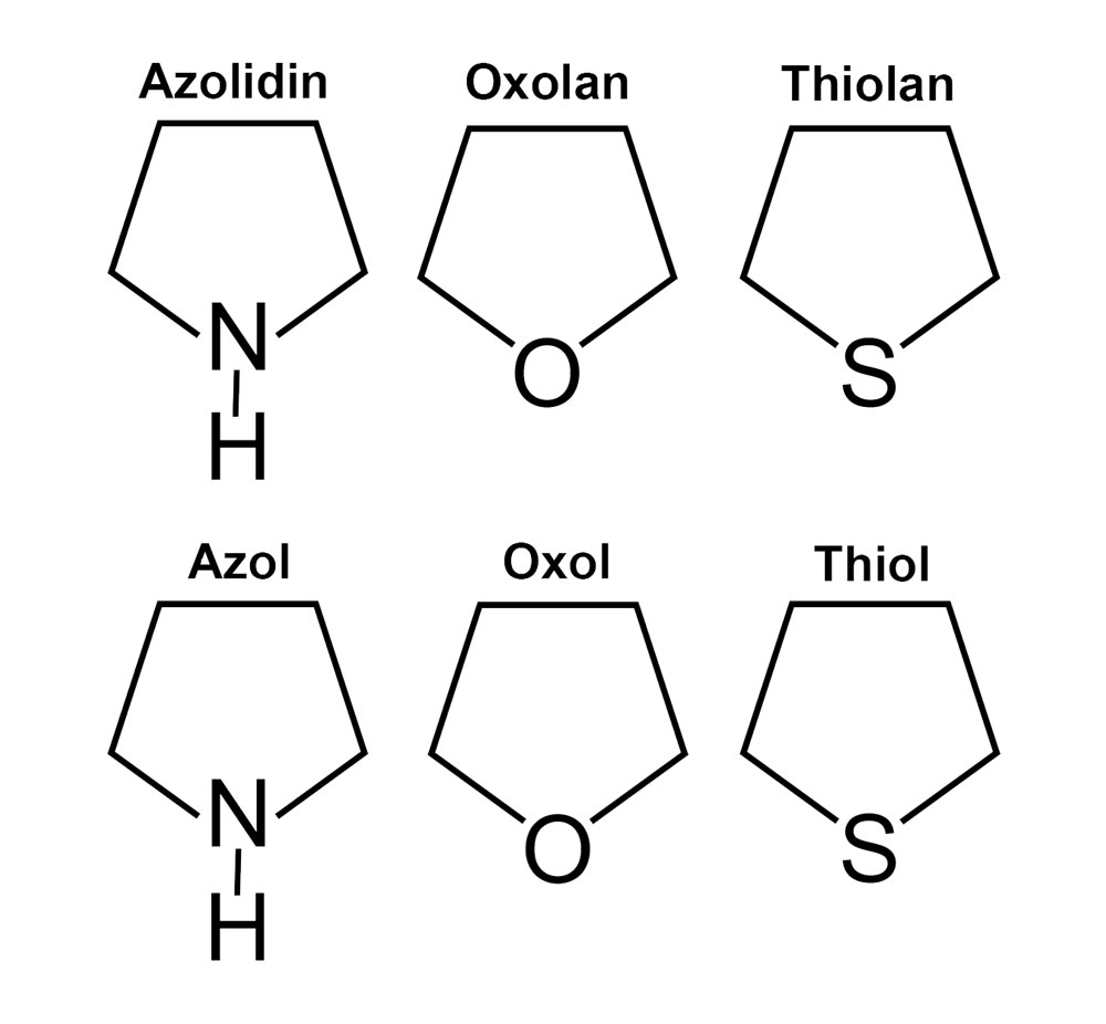 Chemie Labortop Damen Motiv: 5-Ring Heterocyclen mit Elementen der fünften und sechsten Hauptgruppe:  Nomenklaturname (Trivialname) Azolidin (Pyrrolidin),  Oxolan (Tetrahydrofuran), Thiolan (Tetrahydrothiophen), Azol (Pyrrol), Oxol (Furan),  Thiol (Thiophen) 