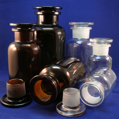 Schliffflaschen, Klarglas und Braunglas, Weithals-Schliff-Flaschen lebensmittelecht und lösemitteldicht