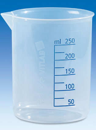 Kunststoff-Labor-Bechergläser (Laborbecher, Griffinbecher) von Vitlab® aus dem Kunststoff PP gut lesbarer, erhabener blau geprägter Skala 