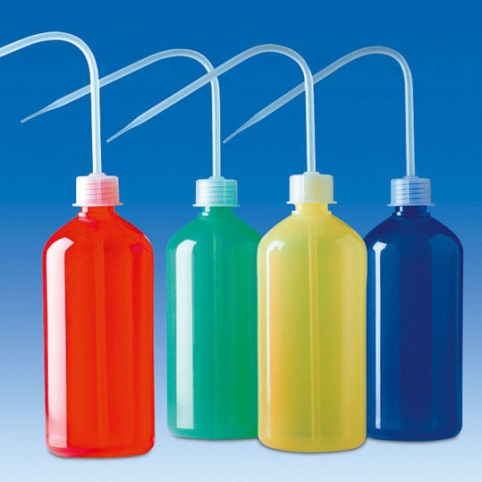 Kunststoff-Spritzflaschen farbig, bunte Labor-Spritzflaschen für Lösemittel und wässrige Lösungen