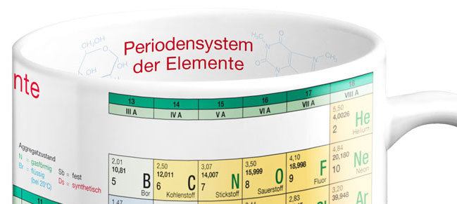 Porzellanbecher mit dem Periodensystem der Elemente (PSE) in Deutscher Sprache