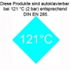 bei 121°C (2 bar) entsprechend DIN EN 285 autoklavierbar. Einschränkungen beachten!